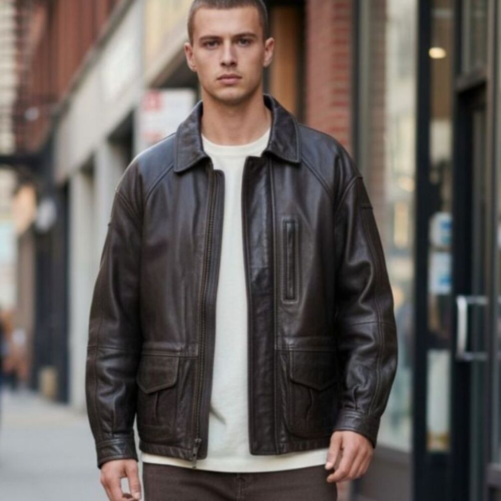 Andrew Marc Oversized Bomber Coat Mens Medium Leather Dark Brown Heavy Winter